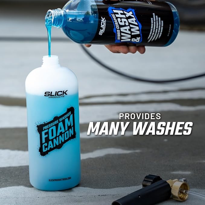 Slick Products Wash & Wax (64 oz.) + Pressure Washer Foam Cannon Bundle – Super Concentrated Car Wash Foam Shampoo for Car, Truck, RV, Motorcycle, Trailer, and Boat