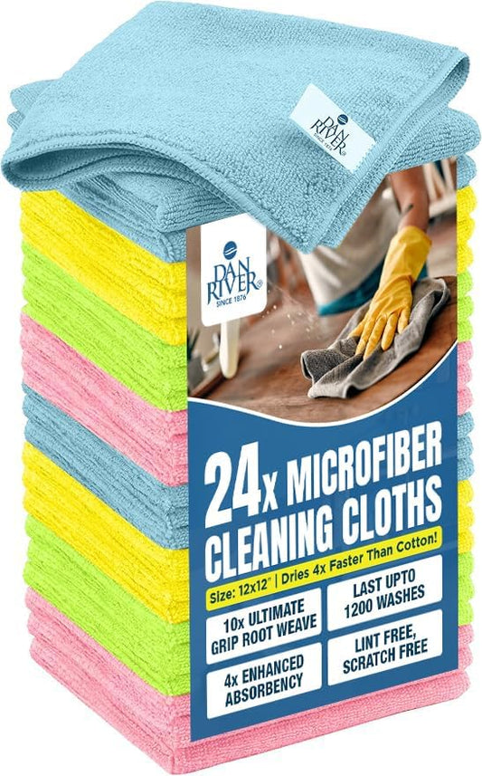 DAN RIVER 24-Pack Microfiber Towels – Ultra Absorbent, Lint-Free & Streak-Free Rags for Cleaning House, Car & Kitchen - Must-Have Cleaning Essentials - 12" x 12" - Assorted