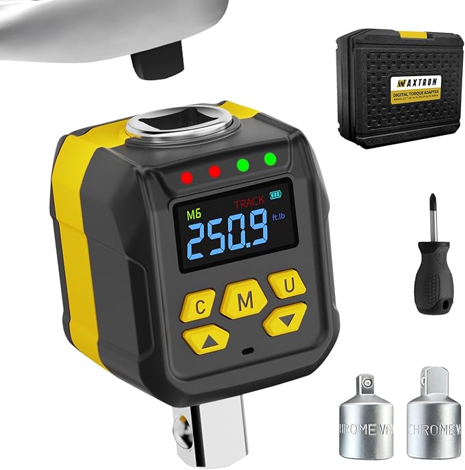 Digital Torque Adapter Set, 1/2" Electronic Torque Wrench Adapter, 12-250 ft-lb (17-340 Nm), Buzzer & LED Alert, for Ratchet & Breaker Bar, Includes 1/4" & 3/8" Adapters