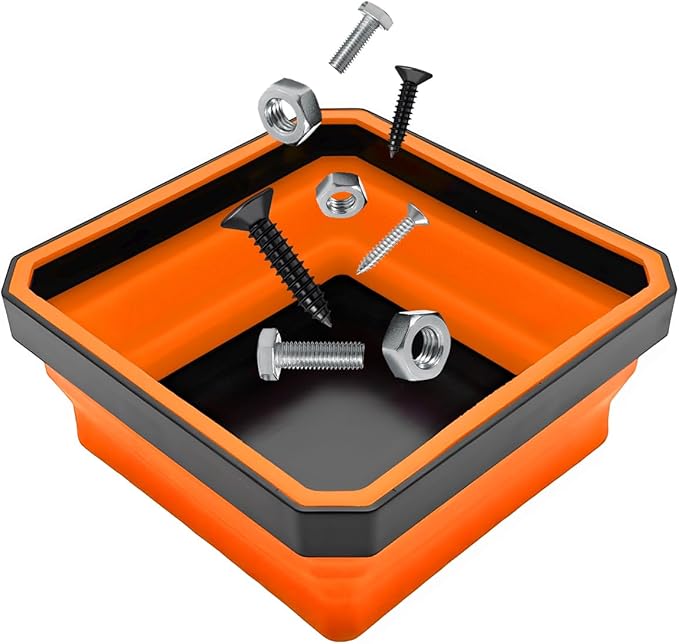 Collapsible Magnetic Parts Tray, 4.5" Square Silicone Tool Tray with Dual-Sided Magnetic Base, Foldable Small Metal Parts Organizer Storage Bowl for Screws Bolts Nuts Washers (Orange)