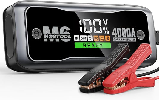 MOSTOOL M6 4000A Jump Starter with Smart HD Display, 12V Portable Jump Box & Car Battery Booster Pack with Quick Charge DC/Type C Port, Jumper Clamps LED Light - for All Gas & Up to 10.0L Diesel