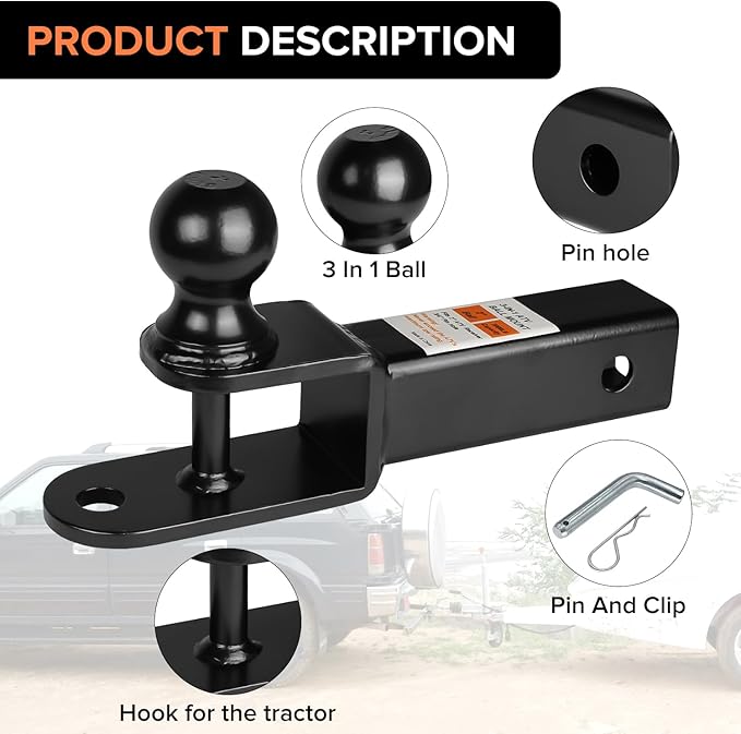 Donext ATV/UTV Trailer Hitch, Towing Ball Mounts with 2" Ball, Tow Hitch with Pin and Clip, Fits 2-Inch Receiver, Black