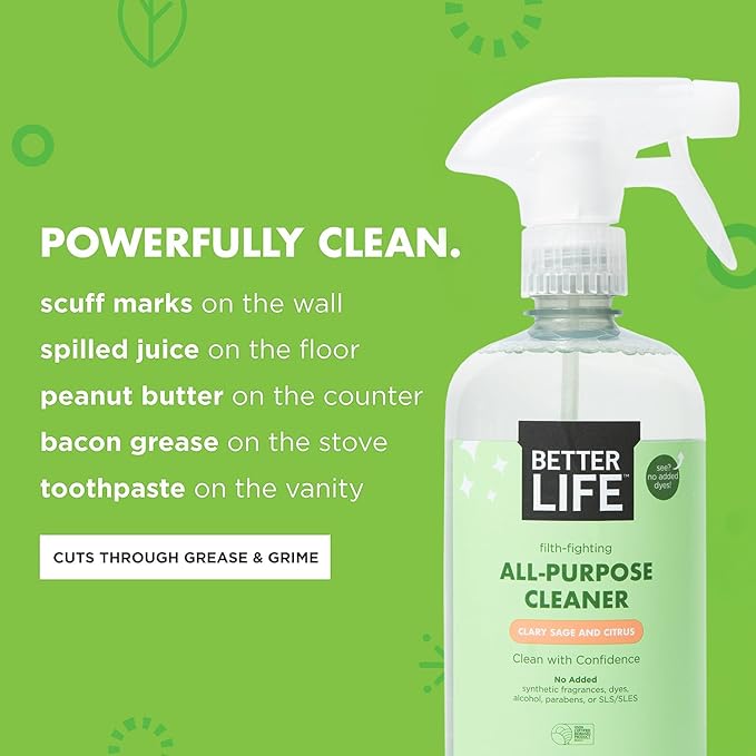 Better Life All Purpose Cleaner - Multipurpose Home and Kitchen Cleaning Spray for Glass, Countertops, Appliances, Upholstery & More - Multi-surface Spray Cleaner - 24oz (Pack of 2) Clary Sage/Citrus
