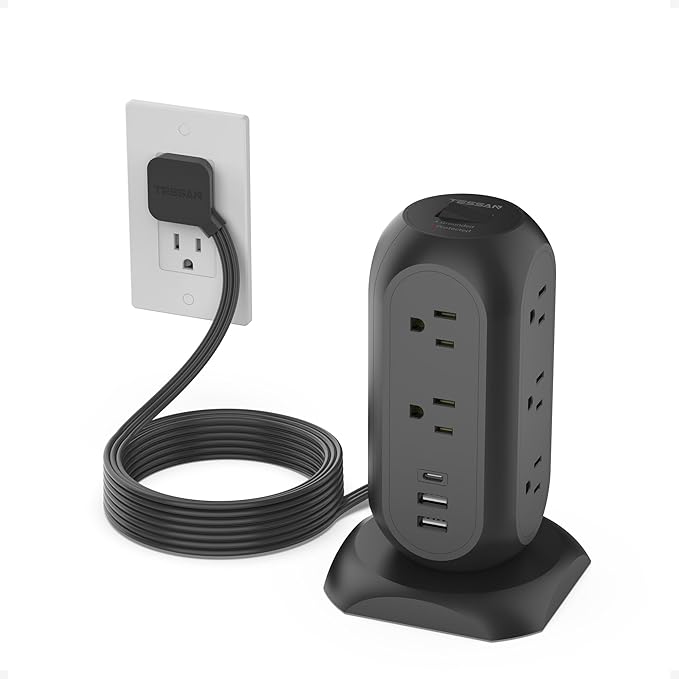 TESSAN Tower Power Strip Flat Plug with 11 Outlets 3 USB (1 USB C), Surge Protector Tower 1625W/13A,1050J Protection, 10 Feet Extension Cord with Multiple Outlets, Dorm, Office Desk Supplies, Black
