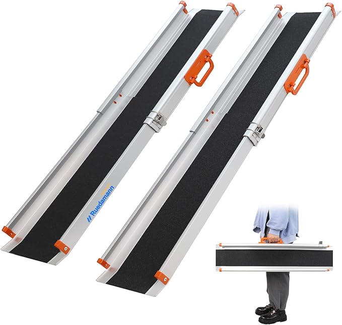 Ruedamann 5FT x 8.3" Adjustable Wheelchair Ramp with Handle, Telescoping Portable Wheelchair Ramp for Home Steps, 600lbs Capacity, Non-Skid Surface Wheel Chair Scooter Ramp for Doorway, Stairs 2Pcs