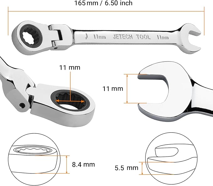 Jetech 11mm Flex-Head Ratcheting Combination Wrench, Premium Industrial Grade Spanner 72-Tooth Cr-V Steel - 180 Degree Flexible Box End Perfect for Tight Spaces, Auto & DIY Repair