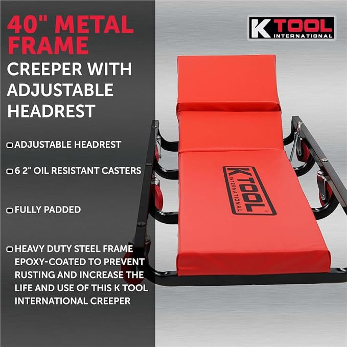 K Tool International 74961 Creeper Seat, Adjustable Headrest with Fully Padded Support, Oil Resistant Rubber Casters, Epoxy Coated Steel Frame for Shop Mobility