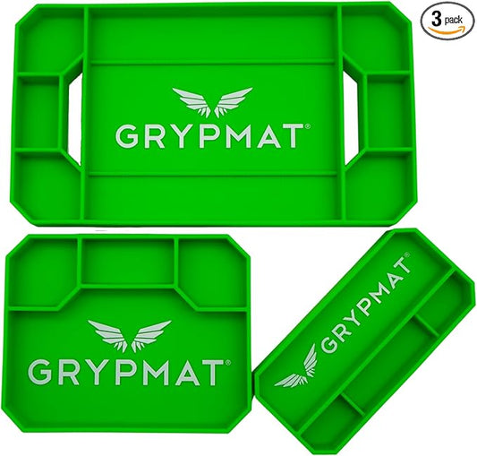 Grypmat Plus Grip Mat for Mechanics - Non-Slip Flexible Silicone Tool Tray - Tool Organizer for Tool Box - Magnetic-Free, Easy-to-Clean Tool Mat - TRIO Small, Medium & Large, Green