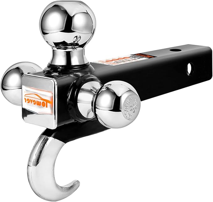 84180 Trailer Hitch Tri Ball Mount with Hook, 3 Ball Hitch Fit for Towing Hitch 2 inch Receiver (Hollow Shank Tow Hitch, Black & Chrome)