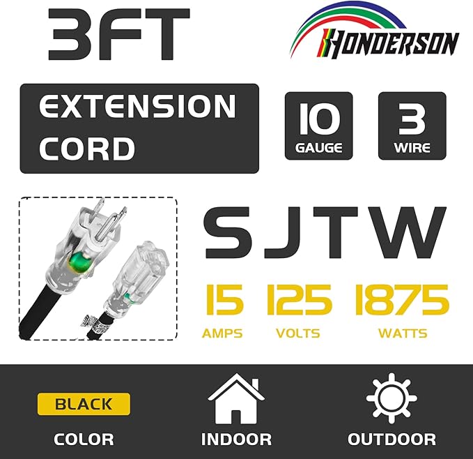 Extension Cord Weatherproof with Lighted End, UL Certified, 10 Gauge 3FT Black 3 Prong Heavy Duty, 10/3 SJTW 15A Power Cord for Lights, Lawn