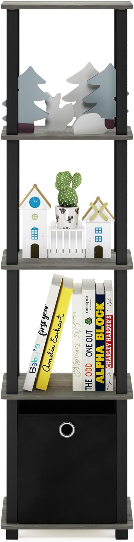 FURINNO TNT No Tools 5-Tier Display Decorative Shelf, French Oak Grey/Black/Black