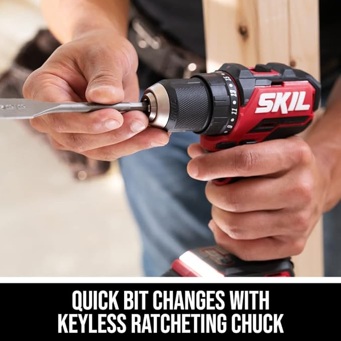 SKIL PWR CORE 20 Brushless 20V Compact Variable-Speed Drill Driver Kit with 1/2-Inch Single-Sleeve, Keyless Ratcheting Chuck & LED Worklight, Includes 2.0Ah Battery and PWR Jump Charger - DL6293B-10