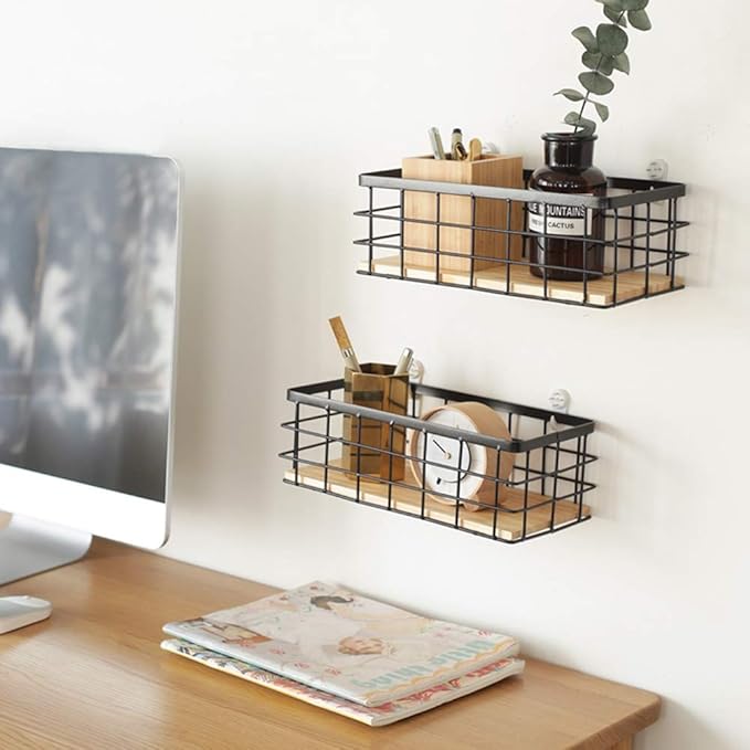 TIEYIPIN Small Metal Wire Storage Basket, Detachable Wood Base Storage Organizer Bin Basket for Kitchen Cabinets, Bathroom, Pantry, Garage, Laundry Room - Cream White