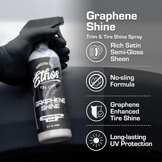 Ethos Graphene Shine - Trim & Tire Shine Spray, High Sheen, Non Greasy, Sling Free Finish! Conditions and Protects Rubber with UV Protection (16 Oz - 2Pack)