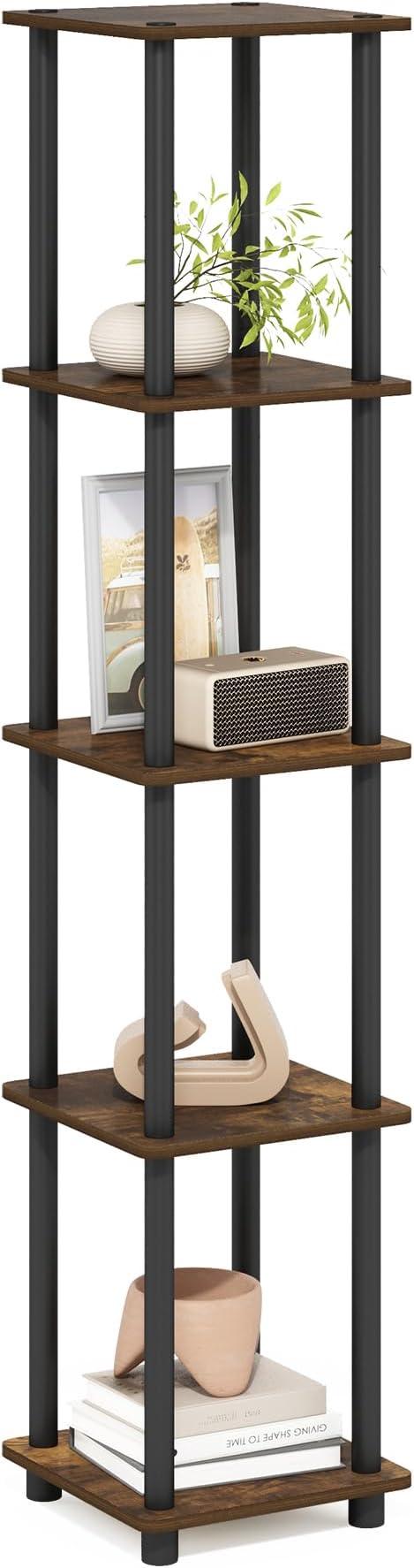 Furinno Turn-N-Tube Storage Shelves, 5-Tier Square Book Shelf, Corner Shelf, Toolless Open Shelves, Round Tubes, for Organization and Storage, Living Room, Garage, Home Office, Amber Pine