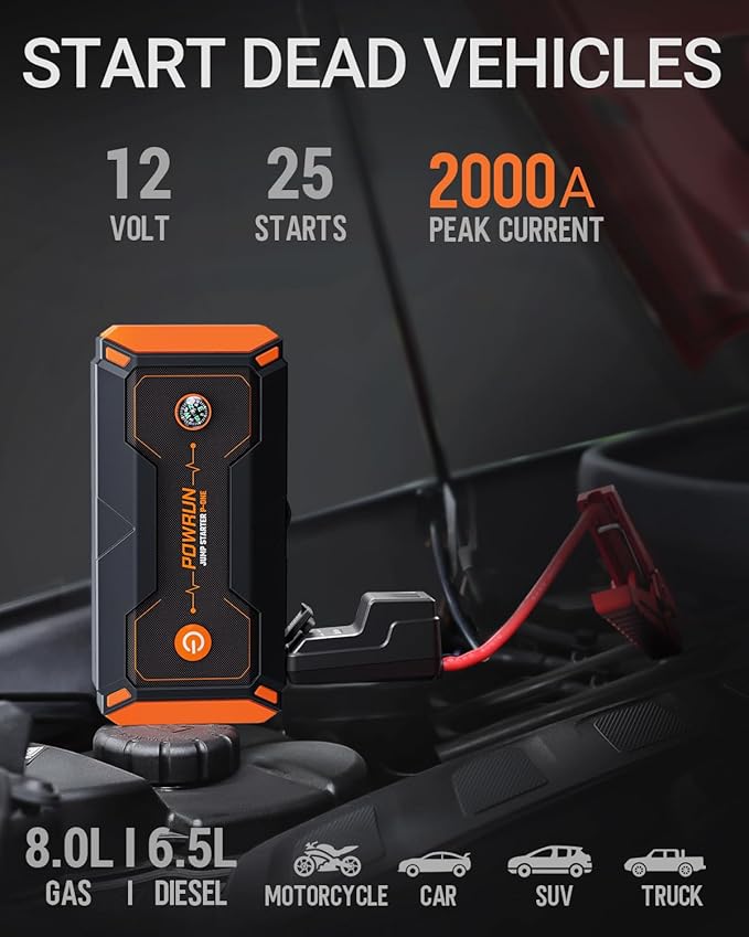 Powrun P-ONE Jump Starter, 2000A Portable Jump Box - Car Jump Starter Battery Pack for up to 8.0L Gas and 6.5L Diesel Engines, 12V Battery Jump Starter with Carry Case (Orange)