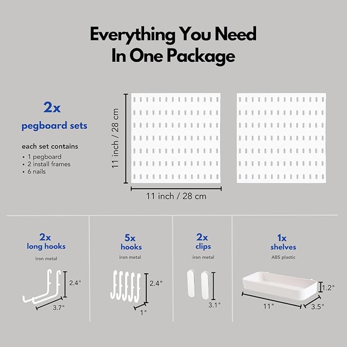 Keepo Pegboard Combination Kit with Modular Accessories, Wall Organizer for Gaming Setup, Crafts, and Ornament Display, Peg Board for Bedroom, Office, Home (White, 22″×11″)