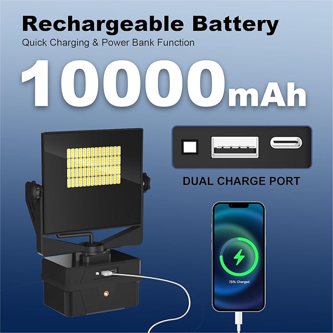 Rechargeable 10000mAh Work Light with Stand 5 ft Max Height, Cordless Work Light Dimmable 10000 Lumens Tripod Work Light Construction Essentials Gear Emergency floodlight with Detachable Tripod
