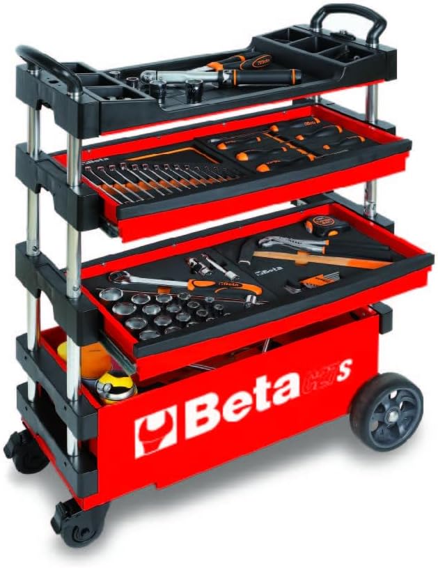 Beta C27S Collapsible Rolling Tool Cart | Heavy-Duty Mobile Metal Tool Trolley with Locking Drawers, 4” Steering Wheels, Brake System | Thermoplastic Worktop | Red