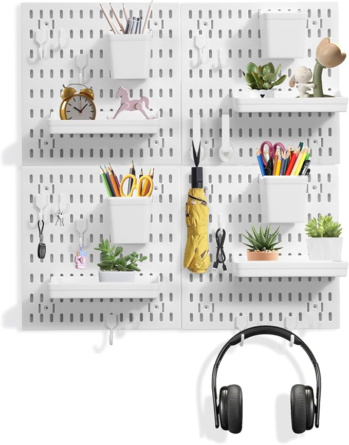 Dualshine Premium Pegboard Combination Kit, White Pegboard Wall Organizer with 4 Small Plastic Panels and 38 Accessories, Ideal for Craft Room, Bathroom, Nursery Storage, and Office (22"*22")