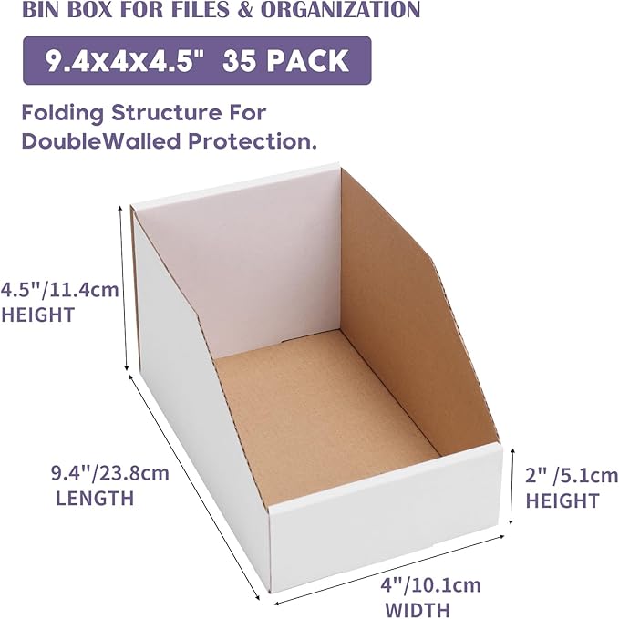 EXYGLO Cardboard Storage Bins 35 Pack, 9.4x4x4.5 Inch Cardboard Boxes, Corrugated Organizer Bins for Pantry, Shelves, Garage, Office, Shop, White