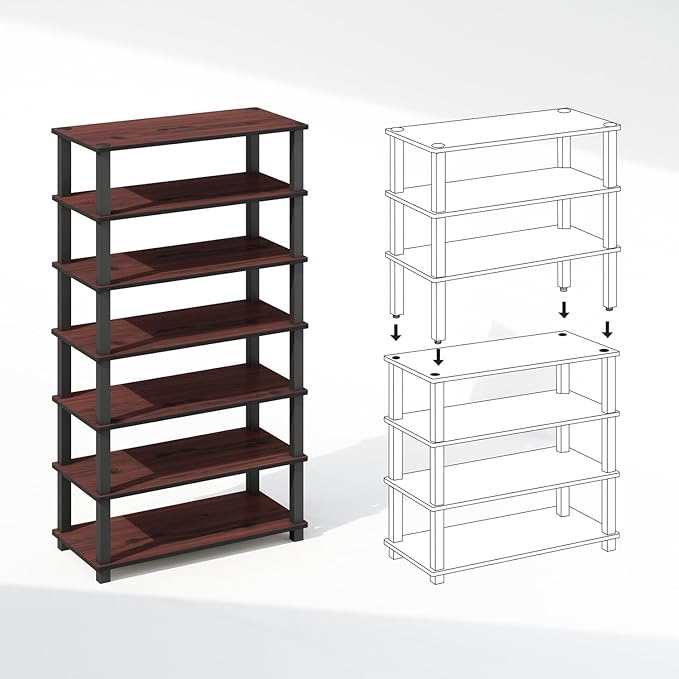 Furinno Turn-N-Tube Storage Shelves Set of 2, 4-Tier Stackable Standing Shelf, Open Corner Shelf, for Organization and Storage, Living Room, Garage, Home Office, Dark Cherry