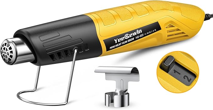 Mini Heat Gun 380W Fast Heat Hot Air Gun 2-Temp Settings 480°F-850°F(249°C-455°C) With Overheat Protection Reflector Nozzle, 4.9Ft Cable for Shrink Wrap, Vinyl, Crafts, Epoxy Resin (Yellow)
