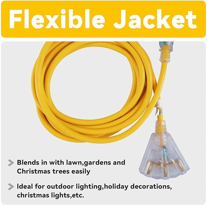 EP 15 Ft 12 Gauge Heavy Duty Extension Cord, 15A 125V 1875W, 3 Outlet Indoor/Outdoor Power Cord with Lighted End, 12/3 SJTW Weatherproof Yellow, UL Listed