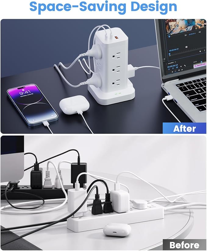 15-in-1 Power Strip Tower with Surge Protector 1800J, Fast Charging Tower PD20W USB-C Ports with 12 AC Outlets, 15ft Extension Cord for Home Office Dorm Room, White