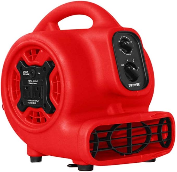XPOWER P-230AT Mini Mighty 1/4 HP 925 CFM Centrifugal Air Mover, Carpet Dryer, Floor Fan, Blower, Stackable, Daisy Chain, for Water Damage Restoration, Janitorial, Plumbing, Home Use, Red