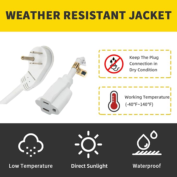 Flat Plug Indoor Extension Cord, UL Certified, 16 Gauge 15FT White 3 Prong Heavy Duty, 16/3 SJTW 13A Power Cord for Lights, Appliances, Home