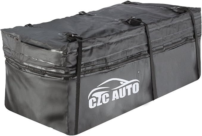 CZC AUTO Expandable Hitch Cargo Carrier Bag 9.5 cu. ft Extends to 11.6 cu. ft, Waterproof/Rainproof/Weatherproof, for Car Truck SUV Vans' Hitch Trays Hitch Baskets, Safe Steady Durable Soft Black