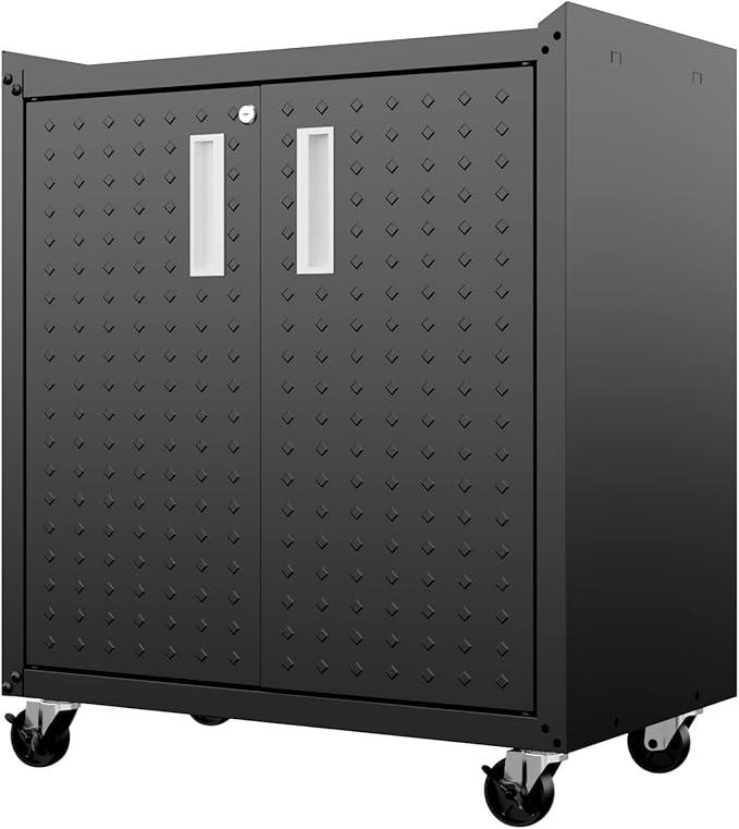 Manhattan Comfort Fortress Textured Metal 31.5" Garage Mobile Cabinet with 2 Adjustable Shelves in Charcoal Grey