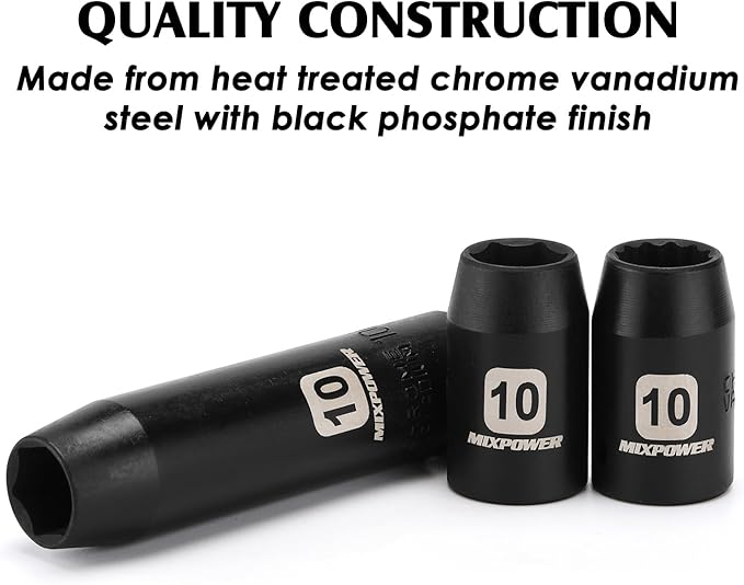 MIXPOWER 6PCS 3/8"Drive 10mm Deep&Shallow Socket, 6 Point & 12 Point, CR-V, Metric, Black Phosphate Finish…
