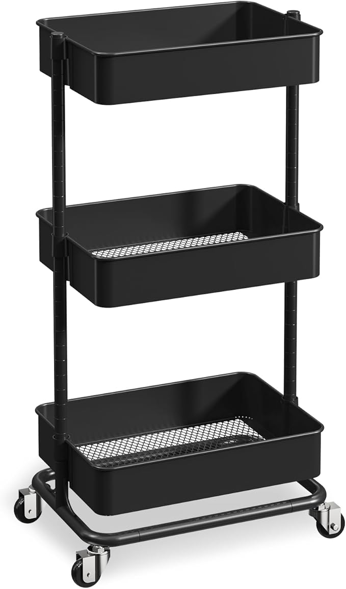 3 Tier Rolling Cart with Wheels for Home Organization, No Wobble Metal Utility Cart with Locking Casters, Adjustable Shelves Tool-Free Assembly Rolling Storage Cart for Kitchen Bathroom Laundry Room