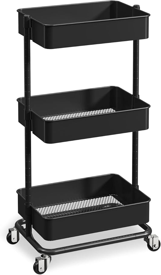 3 Tier Rolling Cart with Wheels for Home Organization, No Wobble Metal Utility Cart with Locking Casters, Adjustable Shelves Tool-Free Assembly Rolling Storage Cart for Kitchen Bathroom Laundry Room