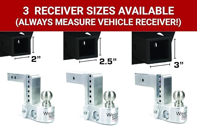 Weigh Safe Aluminum Adjustable Trailer Hitch - Towing Hitch with Built-In Tongue Weight Scale - Compatible with 2.5" Receivers - 8" Drop, Stainless Steel Tow Balls, 18,500 GTW, 4-Piece Lock Set