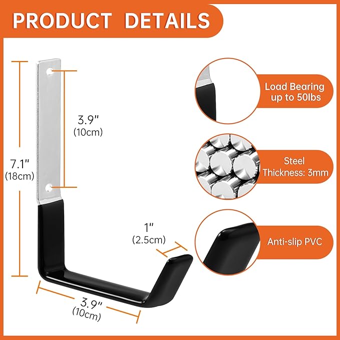 GeeWatom Heavy Duty Steel Utility Hooks, 4 Pack, Wall Mount, 50lbs Weight Capacity, Rust Resistant, Adjustable Easy Install, for Garage, Shed, Workshop Storage and Organization