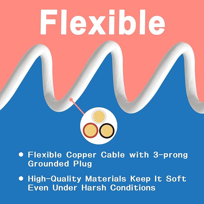 Indoor Outdoor Extension Cord 10 FT, 16/3 SJTW Weatherproof White Electrical Cords, 13 AMP Heavy Duty 3 Prong Power Cable Great for Garden, Landscaping & Holiday Decorations