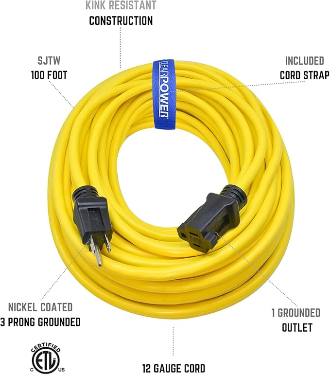 Clear Power 100 ft 12/3 SJTW Heavy Duty Outdoor Extension Cord, Water & Weather Resistant, Flame Retardant, Yellow, 3 Prong Grounded Plug, CP10146