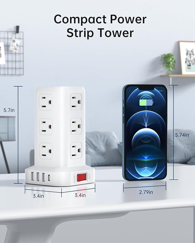 AnnTane Surge Protector Power Strip 10 FT Cord, Power Strip Tower with 4 USB Ports (1USB C), Extension Cord with 12 AC Multiple Outlets, Home Office Supplies Desk Accessories, Dorm Room Essentials