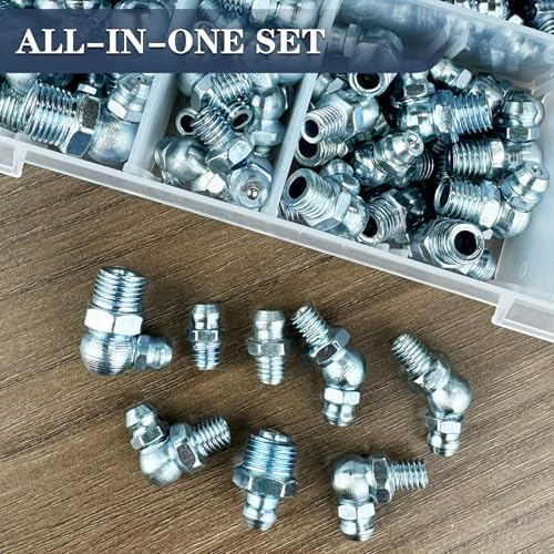 115PCS Metric Grease Fittings Assortment, M6 M8 M10 Straight & Angled(45,90 Degree) Grease Zerk Fittings Kit for Mechanical Lubrication