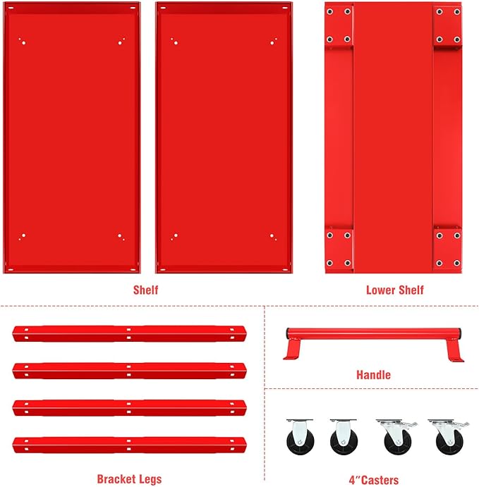 DNA Motoring 3-Layer Steel Utility Service Cart with Casters for Warehouse, Garage, Office, Supports Up to 330 lbs, Red, TOOLS-00413