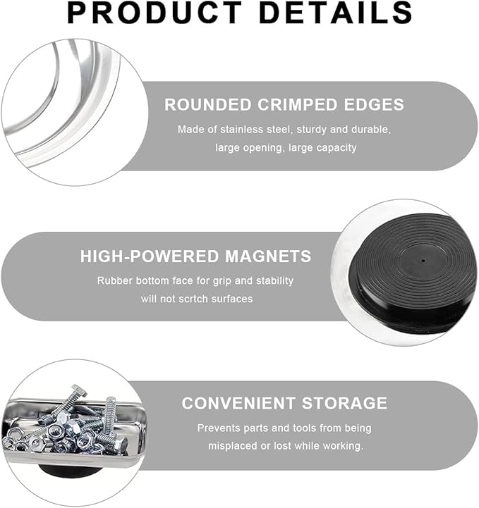 2 PCS Magnetic Parts Tray Set, Stainless Steel 3.6"×2.5" Square and 3" Round Magnetic Trays, Mechanic Tool Tray Holder for Screw, Sockets, Bolts, Nuts, Small Metal Parts