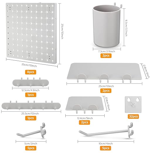 Chunful 58 Pcs Pegboard Organizer Kits Plastic Pegboard Wall Panel Mount Display Accessories Include Storage Boards Buckets and Hooks for Craft Room Garage Kitchen Office(Gray)