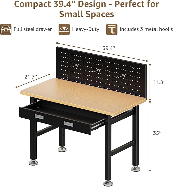39.4" Workbench with Drawer and Pegboard - Heavy Duty Steel Garage Work Table, Small Tool Bench for Workshop, Woodworking, Crafting & Repair