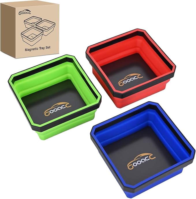 GOOACC 3 Pcs Square Collapsible Magnetic Parts Tray Set Multiple Colors Silicone Foldable Tool Trays Organizer for Screws Bolts Nuts Pins Washers and Other Small Metal Parts Double Sided Magnet Base