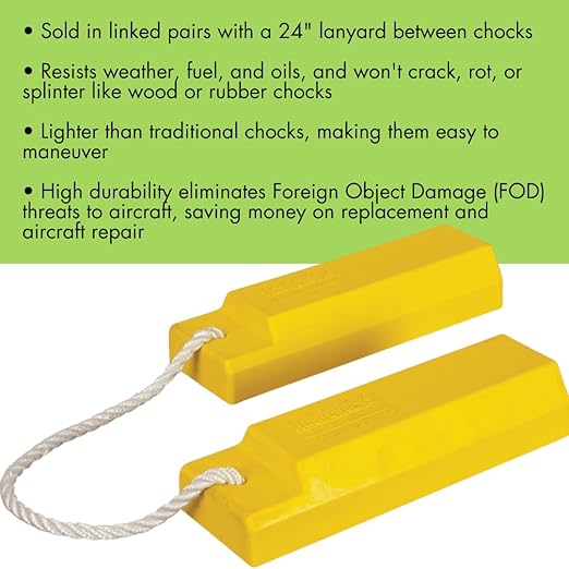 Checkers 12" Airplane Chocks, Aviation Wheel Chocks for Small to Mid-Sized Aircraft, Roped Pair Tire Chock, Durable Lightweight Urethane, Yellow, AC3512-P