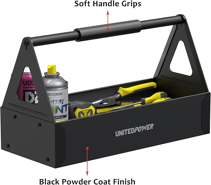 UNITEDPOWER Handy Tool Box, Portable Metal Tote Tray with comfortable grip handle, Tool Organization for Household, Warehouse, Repair Shop, Black