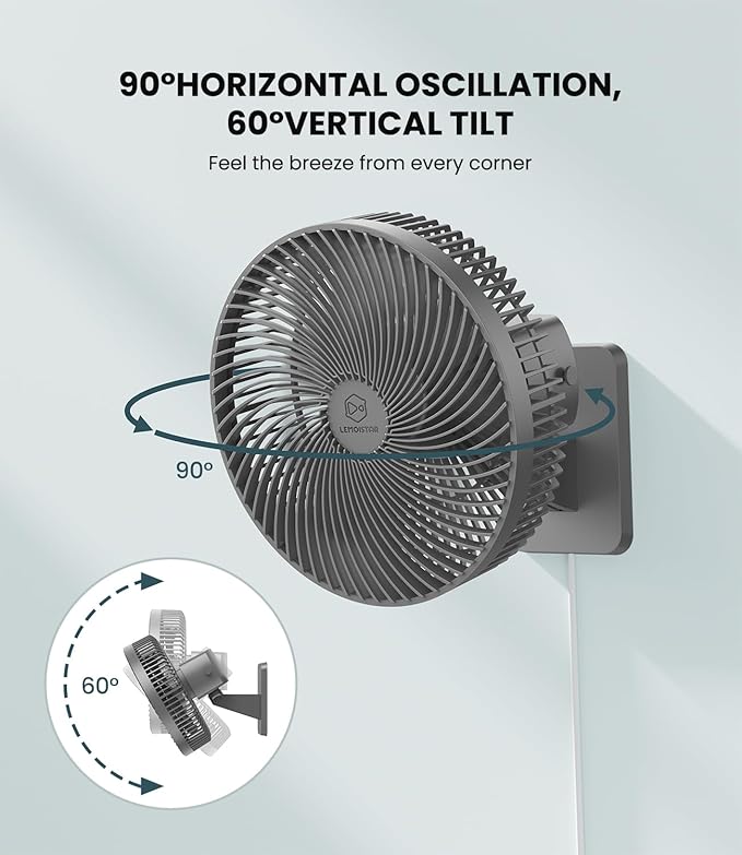LEMOISTAR 10 Inch Wall Mounted Fan with Remote Control, 90° Oscillating, 4 Speeds, 4 Timer, Adjustable Tilt, 70 Inch Cord, Quiet, for Bedroom Garage RV Office Home Patio-Grey